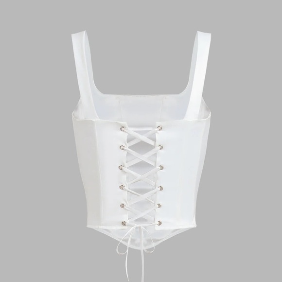 Commense White Satin Square Neck lace up Corset Tank Top - Picture 4 of 8